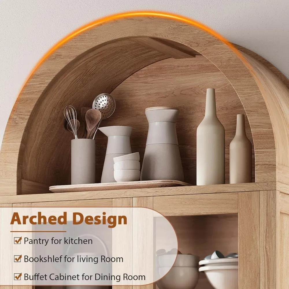 Upgraded Kitchen Pantry Cabinet with Arched Bookshelf – Storage Cabinet with Doors for Kitchen, Dining Room, or Living Room