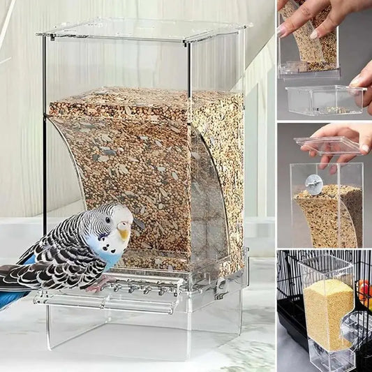 No-Mess Automatic Parrot Food Feeder – Clear Acrylic Bird Seed Container for Small & Medium Parakeets, Cage-Mounted Bird Feeding Accessory