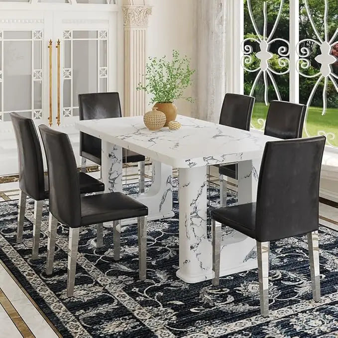 64.5" Modern Farmhouse Dining Table Set for 6 – Wood Dining Table with Decorative Pedestal Legs & 6 Cushioned Chairs
