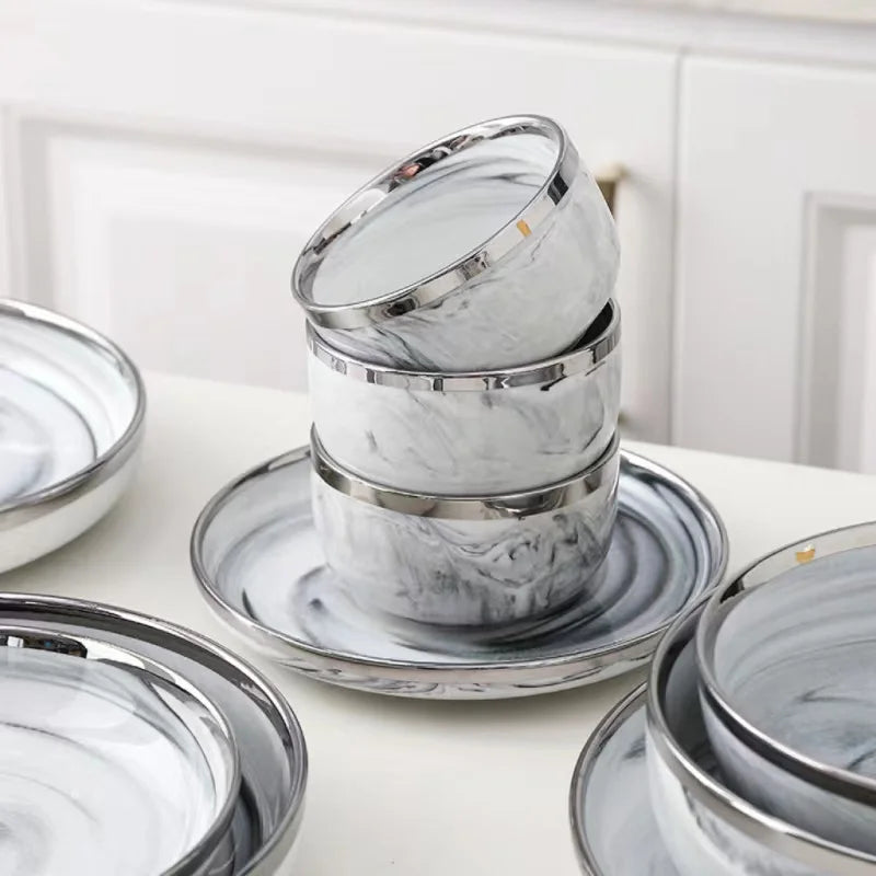 Marble Ceramic Porcelain With Silver Rim Dinnerware Set