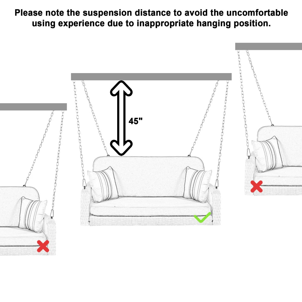 2-Seater PE Wicker Porch Swing with Hanging Chains – Outdoor Hanging Bench for Patio, Backyard, Garden, or Poolside