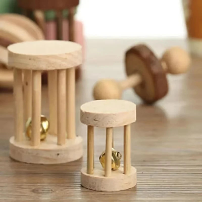 Natural Wooden Small Animal Toy Set – Chew Toys for Guinea Pigs, Rabbits, Hamsters | Dumbbells, Unicycle, Bell, Braided Balls & More