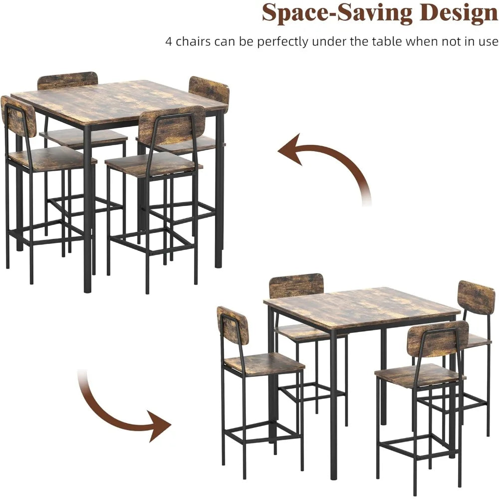 5-Piece Counter Height Dining Table Set with 4 Bar Stools – Space-Saving Square Table and Chairs for Kitchen, Dining Room, Apartment