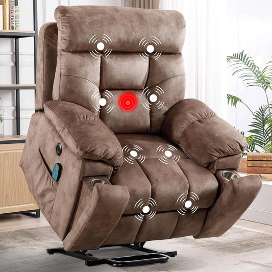 Overstuffed Wide Electric Power Lift Recliners with Massage and Heat, 2 Cup Holders, Side Pocket and USB Port