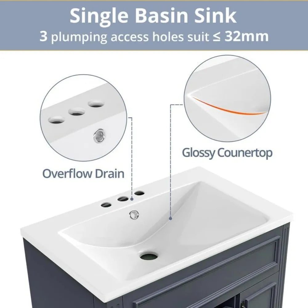 36" Bathroom Vanity Set with Integrated Resin Sink & Mirror Cabinet – Freestanding Single Basin Vanity with Storage Shelves and Drawers