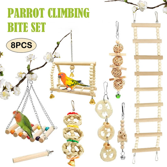 8-Piece Parrot Toy Set – Natural Wood Bird Swing, Perch, Climbing & Training Toys for Parrots, Cockatiels, Budgies, and Other Birds