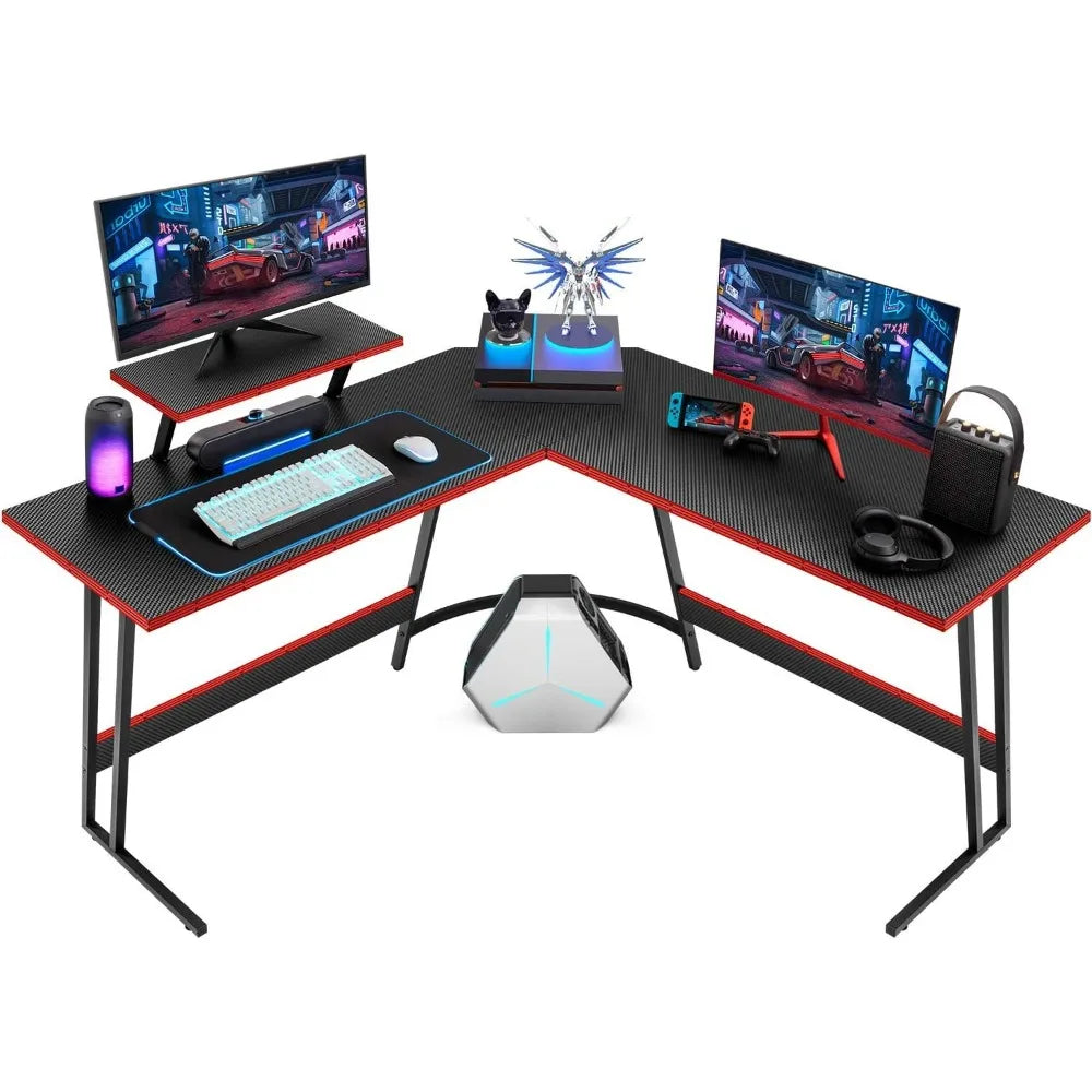 L-Shaped Gaming Desk with Monitor Riser – Sturdy Corner Computer Desk for Home Office & PC Gaming Setup, Space-Saving Writing Table