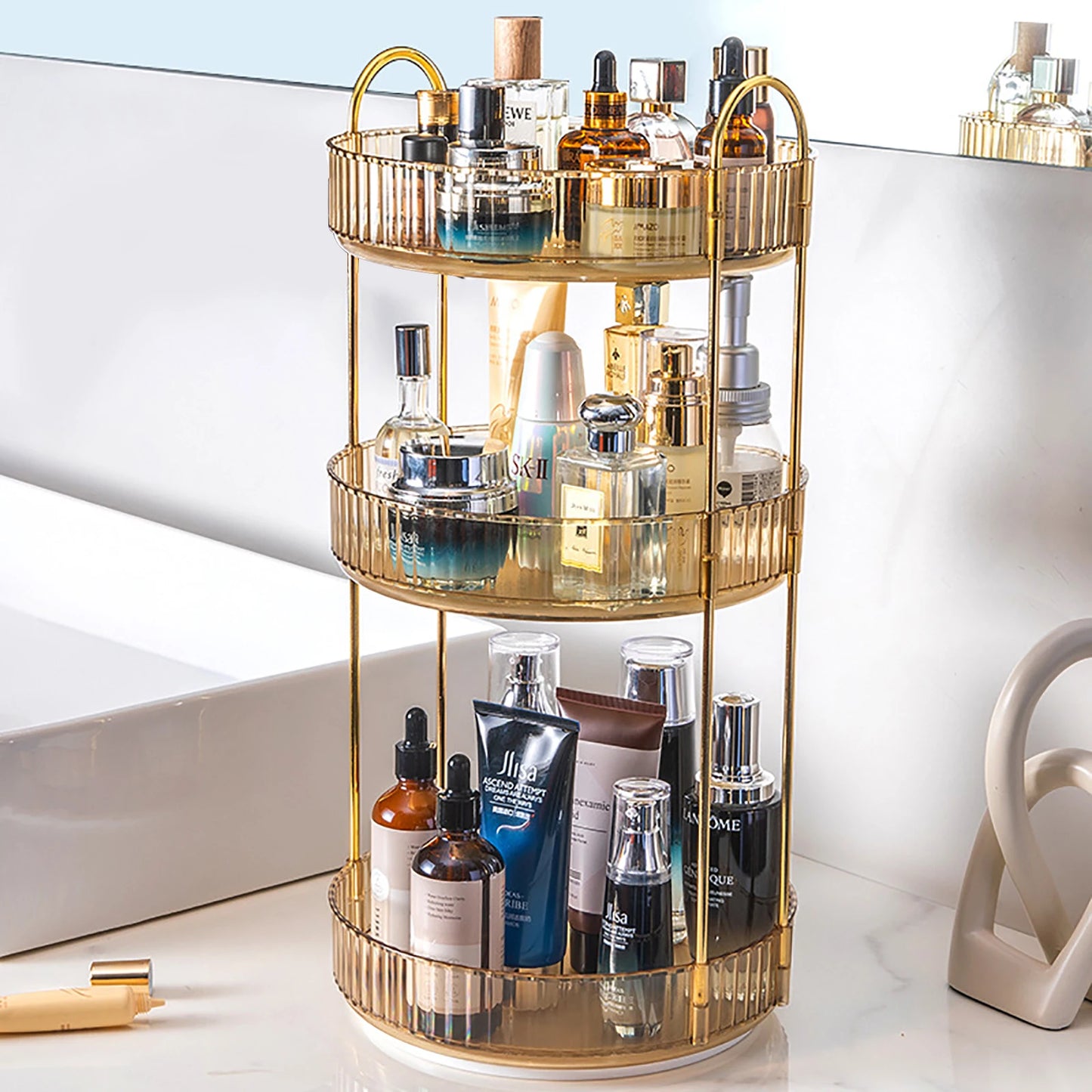 3-Tier Rotating Makeup Organizer – Clear High-Capacity Cosmetic & Skincare Storage for Vanity, Dresser, or Countertop
