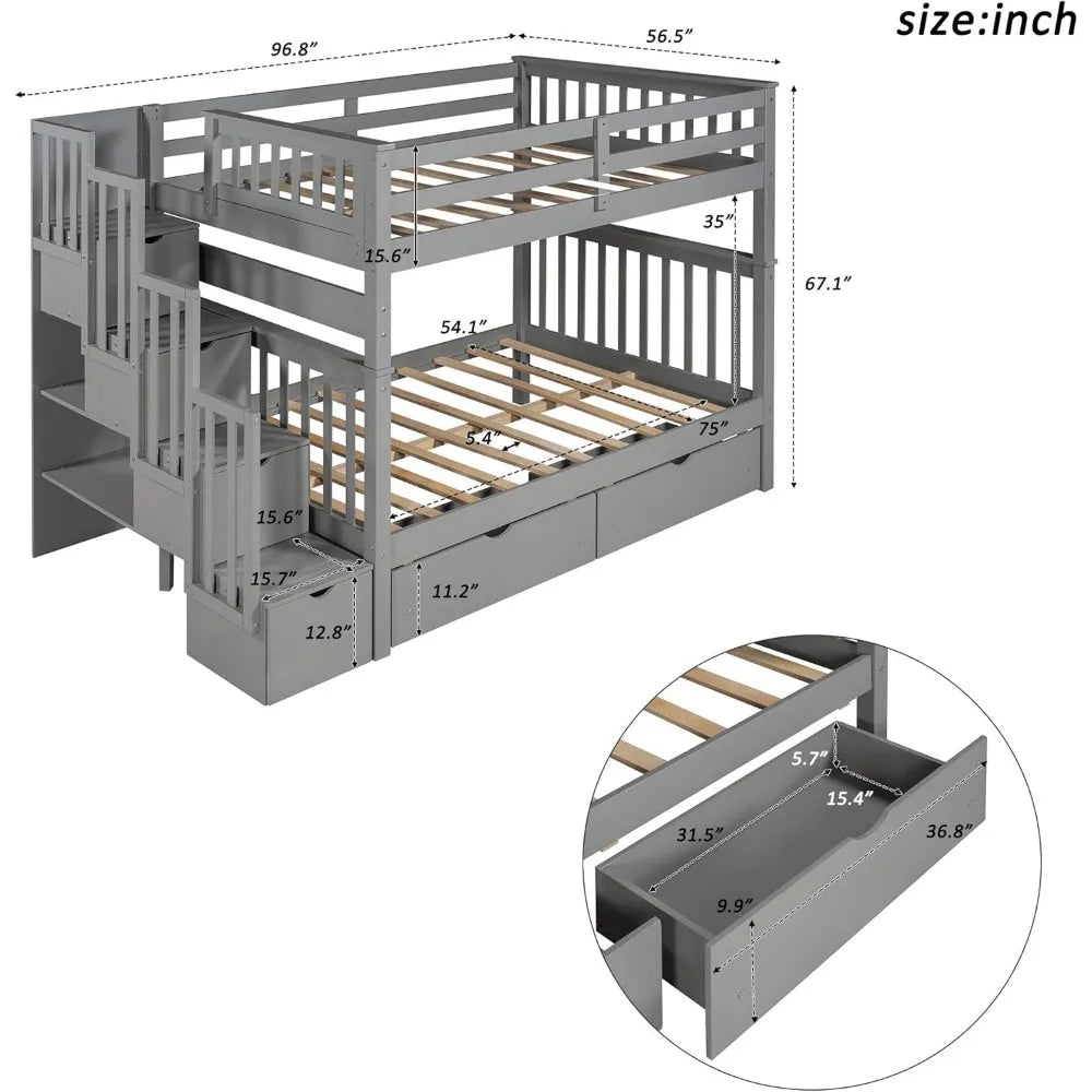 Full Over Full Bunk Bed with Staircase and Storage – Convertible Wood Bunk Bed Frame with Drawers, Shelves, Guardrails, and Solid Pine Construction