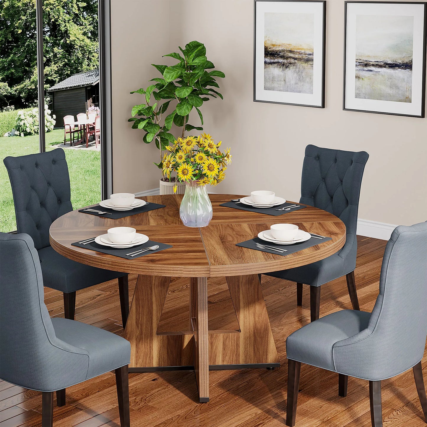 Tribesigns 47” Round Farmhouse Dining Table for 4 – Small Kitchen & Dining Room Table with Rustic Charm