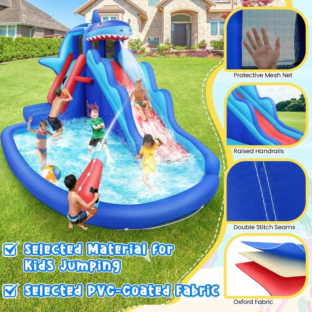 Inflatable Shark Blast Water Bounce House with Slide – Outdoor Backyard Water Slide Play Center for Kids Ages 3–12