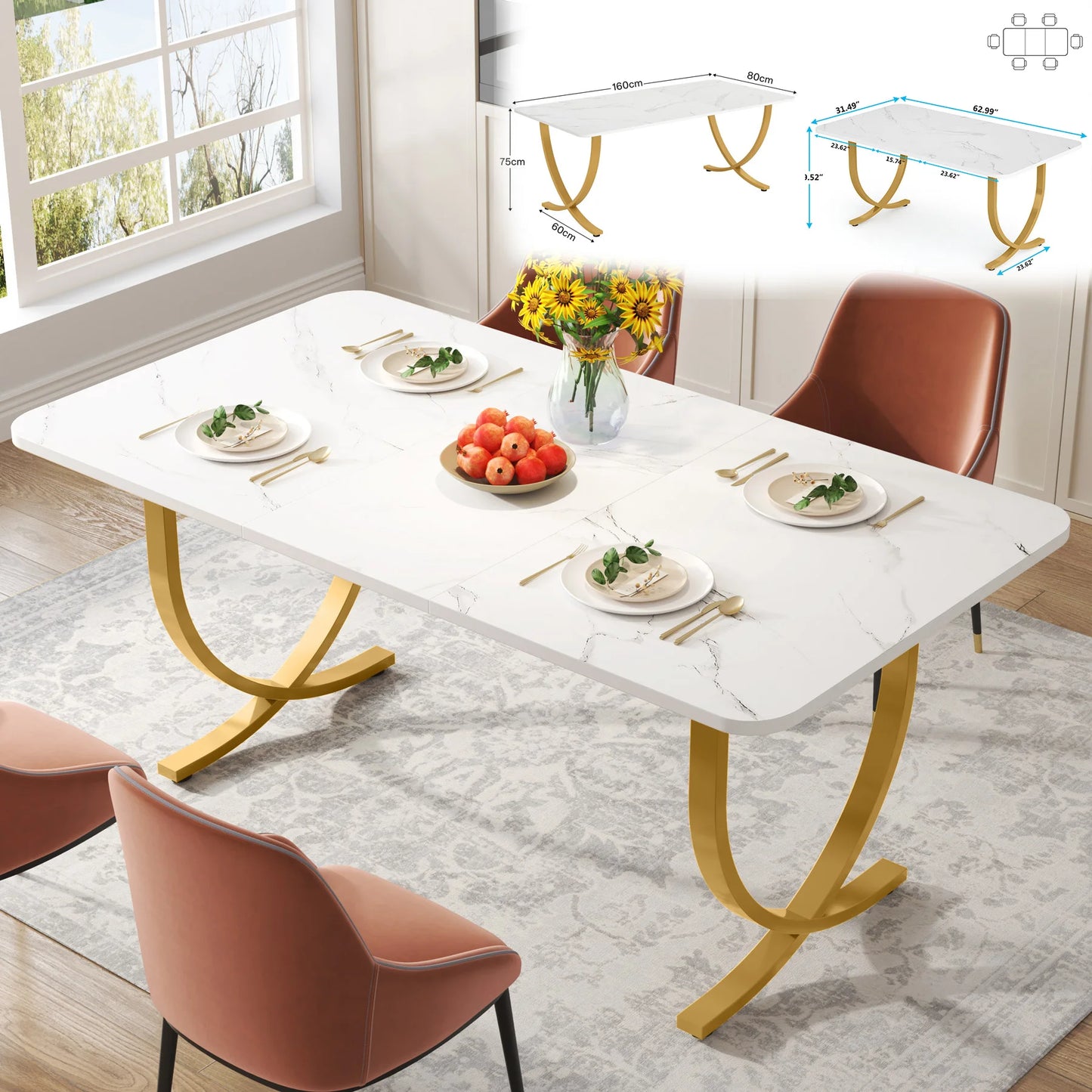Tribesigns 63-Inch Rectangular Dining Table for 4-6 – Modern Kitchen Table with Faux Marble Top, White Finish