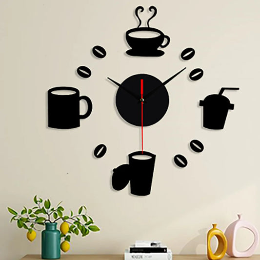 3D Self Adhesive Mirror Wall Clock –  Functional Art for Coffee Lovers