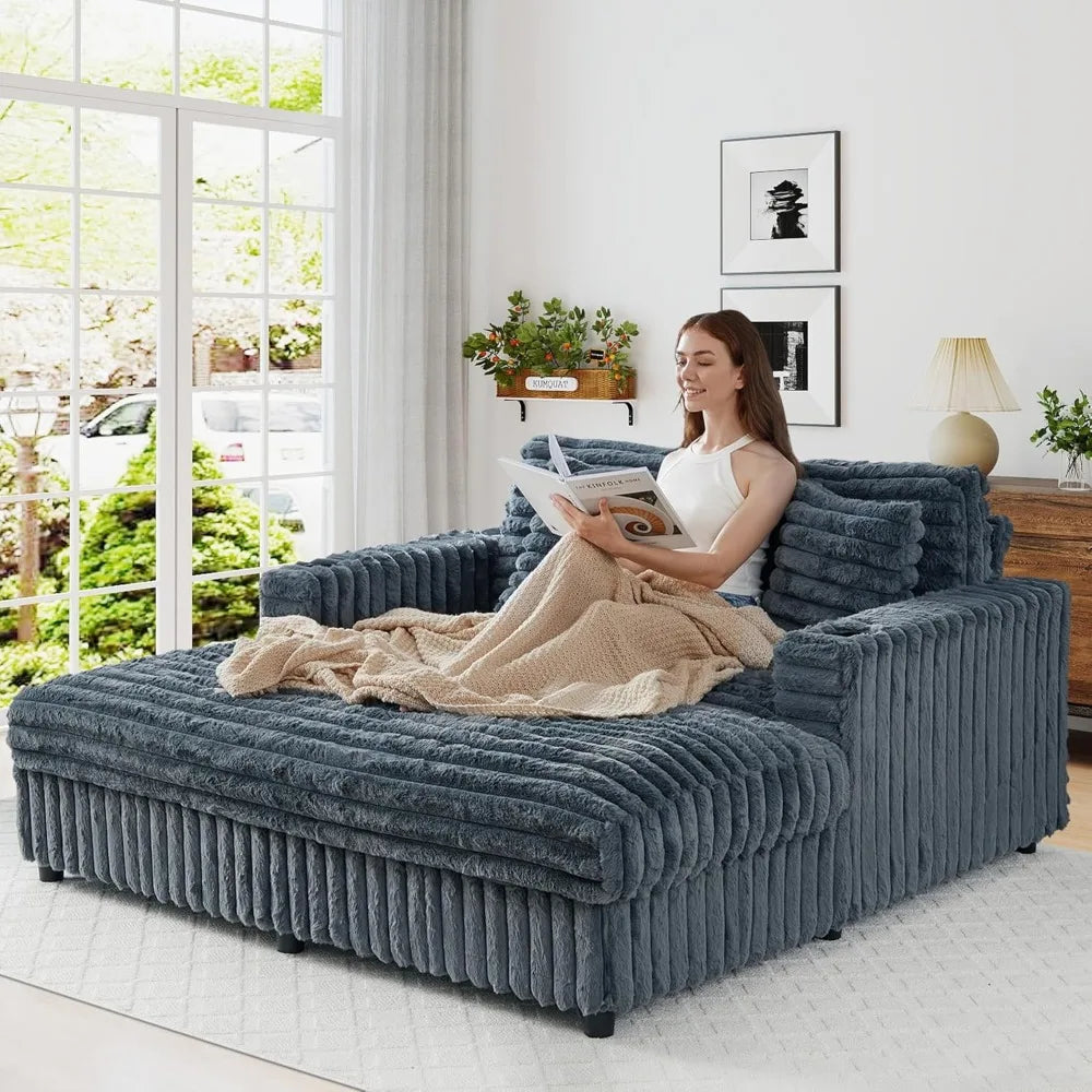 63" Plush Faux Rabbit Fur Corduroy Chaise Loveseat – USB Charging Station, Cup Holder & Pillows Included