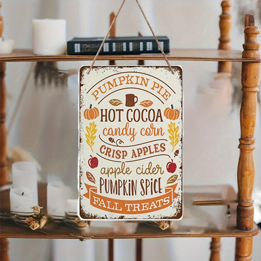 Autumn Metal Sign “Fall Treats” – 20cm × 13.5cm Vintage Rustic Pumpkin Pie & Spiced Drinks Decor for Home, Kitchen, or Café