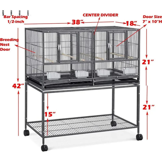 Combo Breeding Stacker Bird Cage – Double Flight Cage with Center Divider, Side Nest Doors & Rolling Stand (Black Vein Finish)