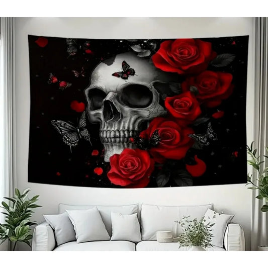 Rose Skull Wall Tapestry – Gothic Floral Décor, Multi-Purpose Hanging for Living Room, Bedroom, Dorm, Office, or Home