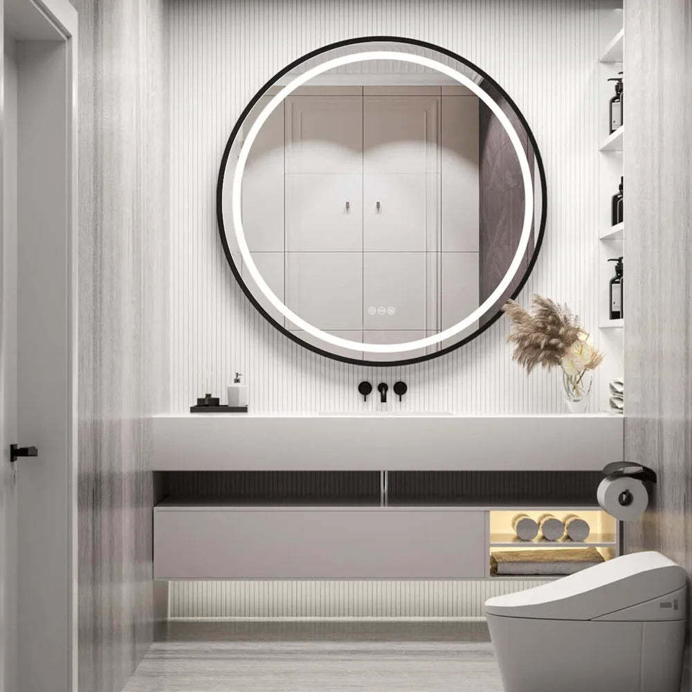LUVODI Round Dimmable LED Bathroom Mirror – Fogless Smart Mirror with Black Gold Frame & Detachable Hanging Rope