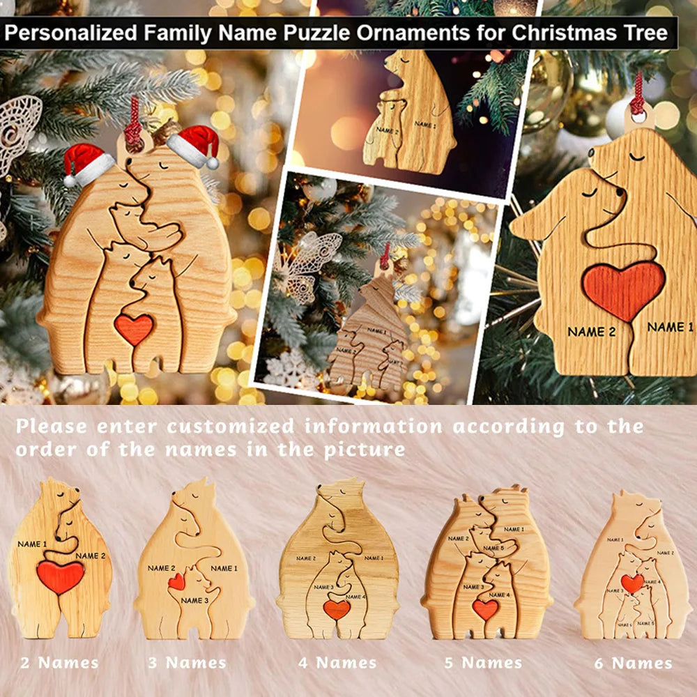 Personalized Custom Bear Family Wooden Puzzle – DIY Name Engraved Sculpture Figurine for Home Desk Decor, Christmas & Birthday Gift