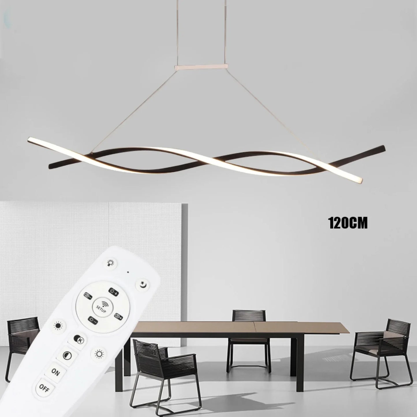 Modern Black LED Pendant Light – Remote Control Dimmable Ceiling Fixture for Dining Room, 46W, Adjustable Height