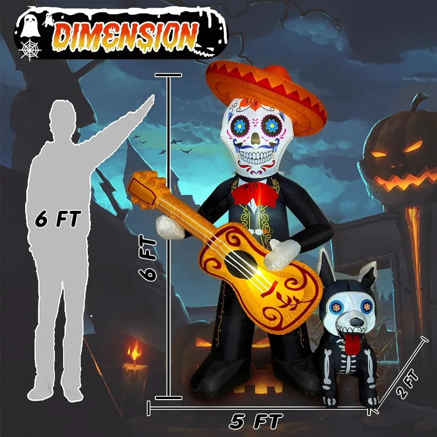 6 FT Halloween Inflatable Day of the Dead Decoration – Blow-Up Sugar Skull Guitar & Skeleton Dog for Yard or Garden