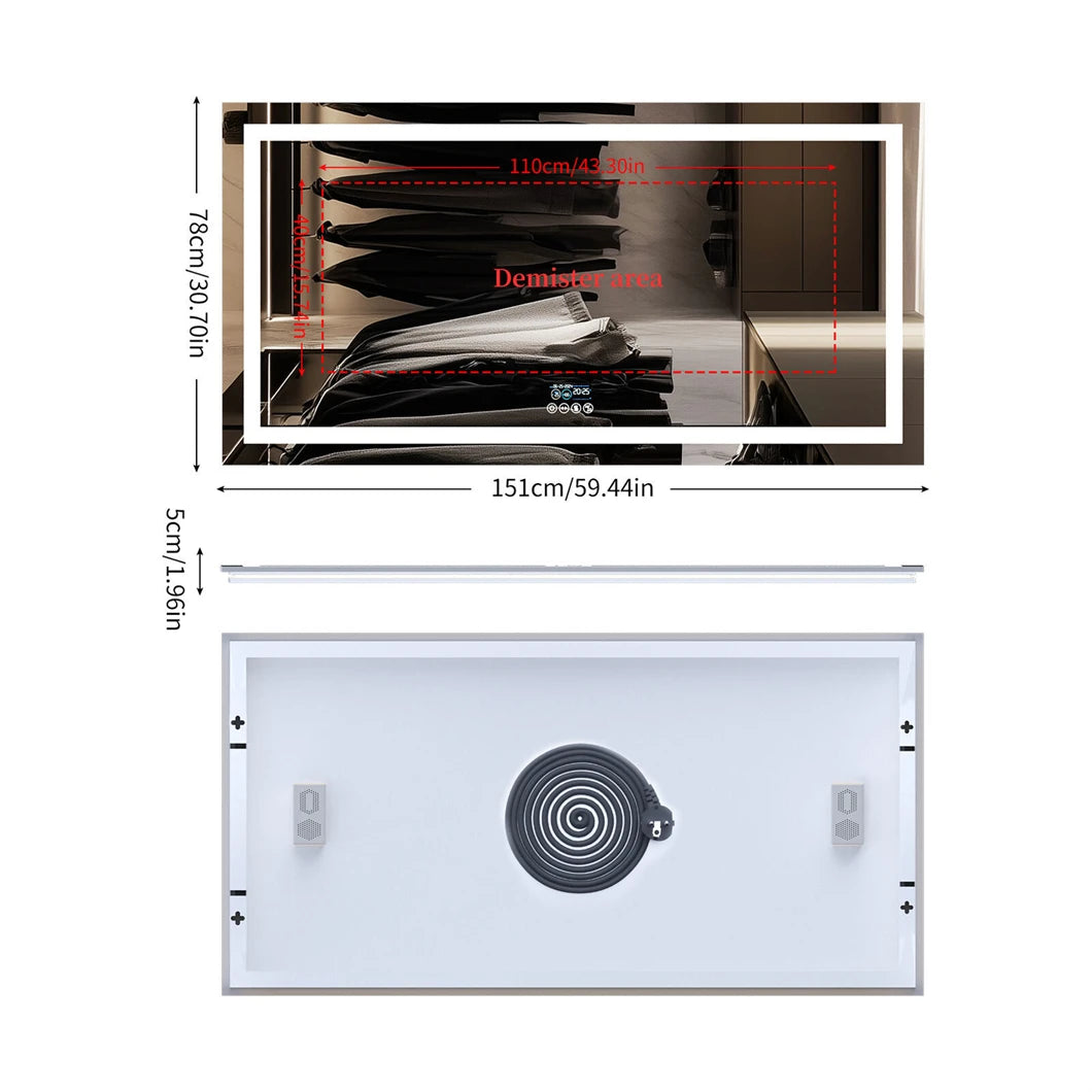 XXL Smart LED Bathroom Vanity Mirror – Wall Mounted with Bluetooth Speaker, Digital Display, Anti-Fog, Dual Front & Back Lighting for Home, Hotel, or Hallway
