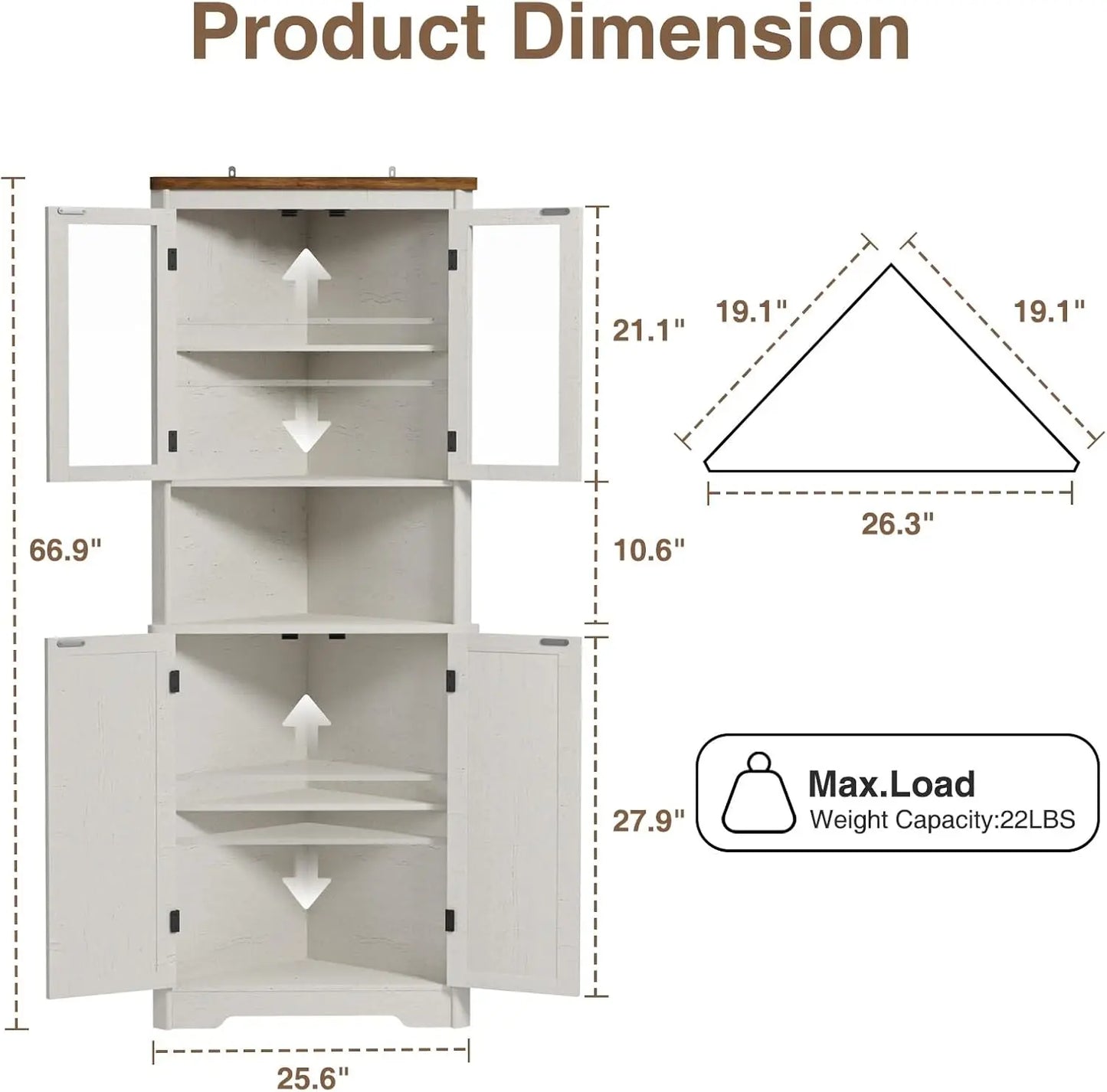 Vabches 67" Tall Corner Cabinet – 5-Tier Farmhouse Storage Cabinet with Doors & Adjustable Shelves for Living Room