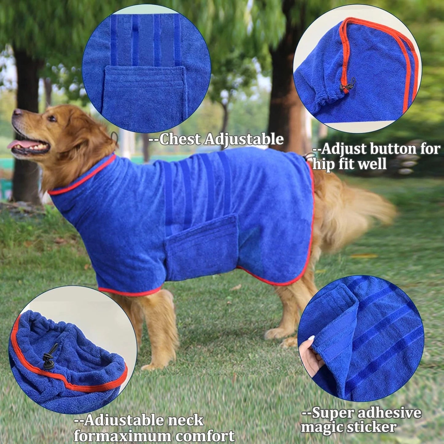 Super Absorbent Microfiber Pet Towel / Robe - Adjustable Collar & Belly Strap