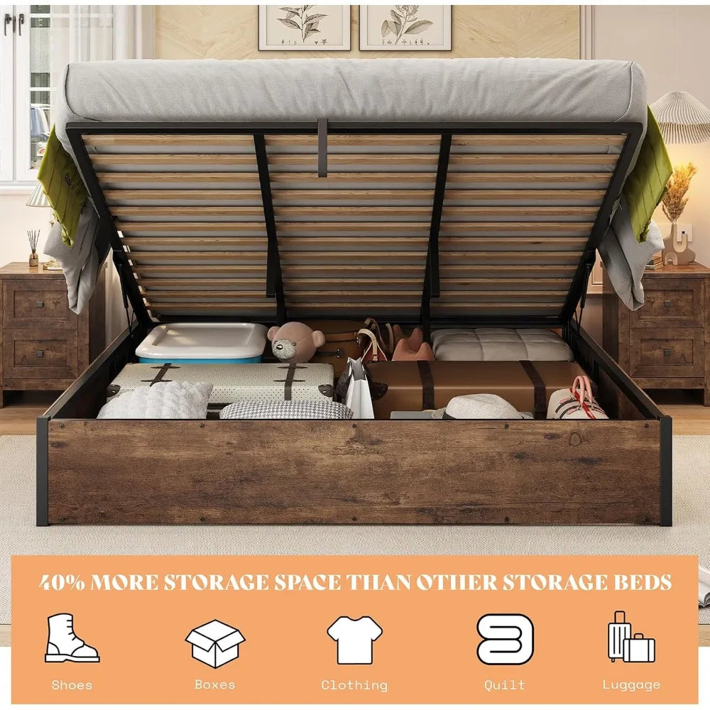 Lift-Up Storage Bed Frame – Wooden Platform Bed with Underbed Storage, Solid Wood Slat Support, No Fixed Headboard, No Box Spring Needed
