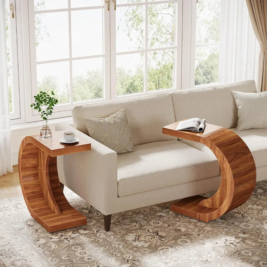 C-Shaped End Table Set of 2 – Rustic Walnut Side Tables for Couch, Small Space Living Room & Bedroom, Easy Assembly