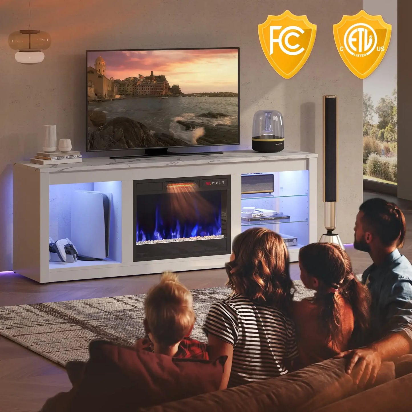 White Marble Electric 7 Color LED Fireplace TV Stand for TVs up to 70",