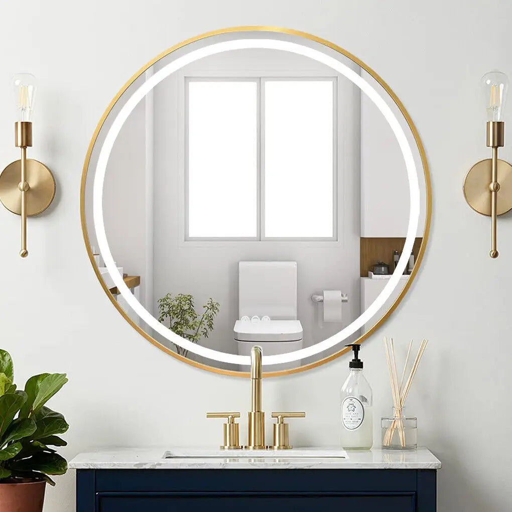 LUVODI Round Dimmable LED Bathroom Mirror – Fogless Smart Mirror with Black Gold Frame & Detachable Hanging Rope