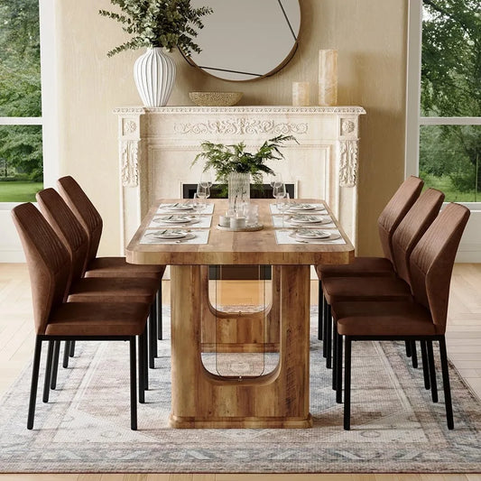 64.5" Modern Farmhouse Dining Table Set for 6 – Wood Dining Table with Decorative Pedestal Legs & 6 Cushioned Chairs