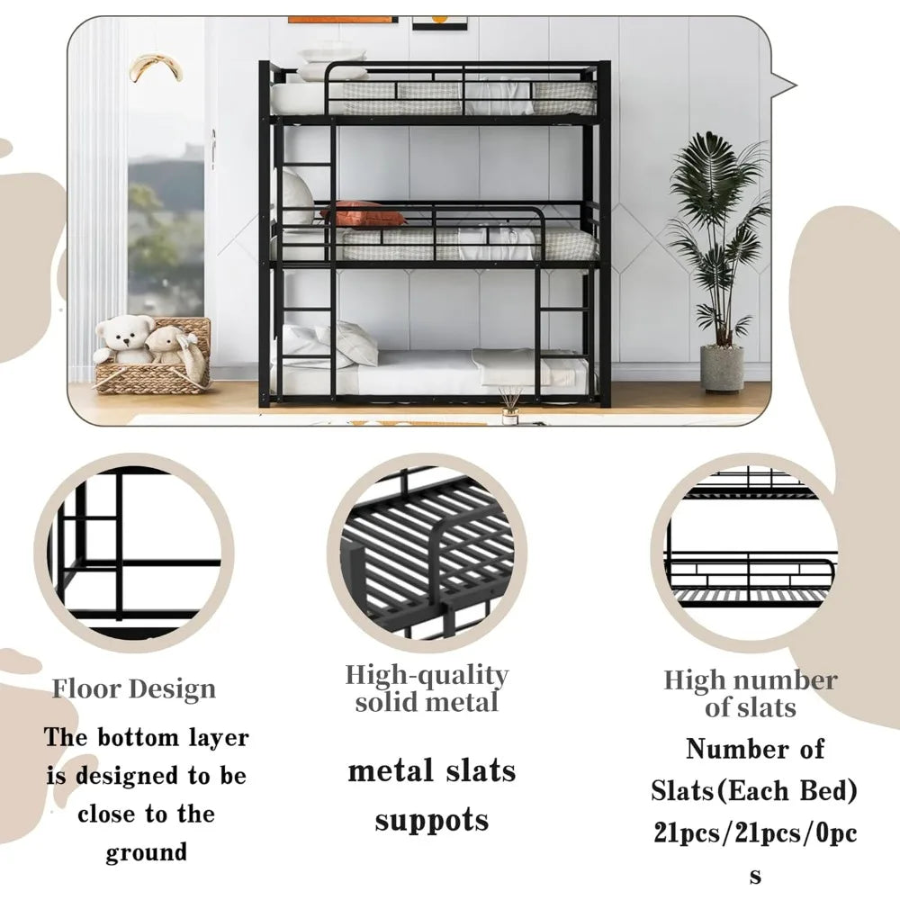 Twin Metal Triple Bunk Bed – Modern Heavy-Duty Space-Saving Bed Frame for 3 Kids, Black Finish