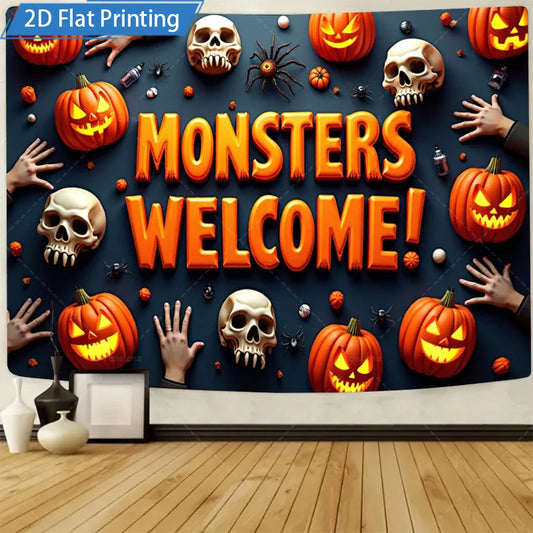 Halloween Wall Tapestry – Monsters, Skulls & Pumpkins, Spooky Welcome Décor for Home, Bedroom, or Party