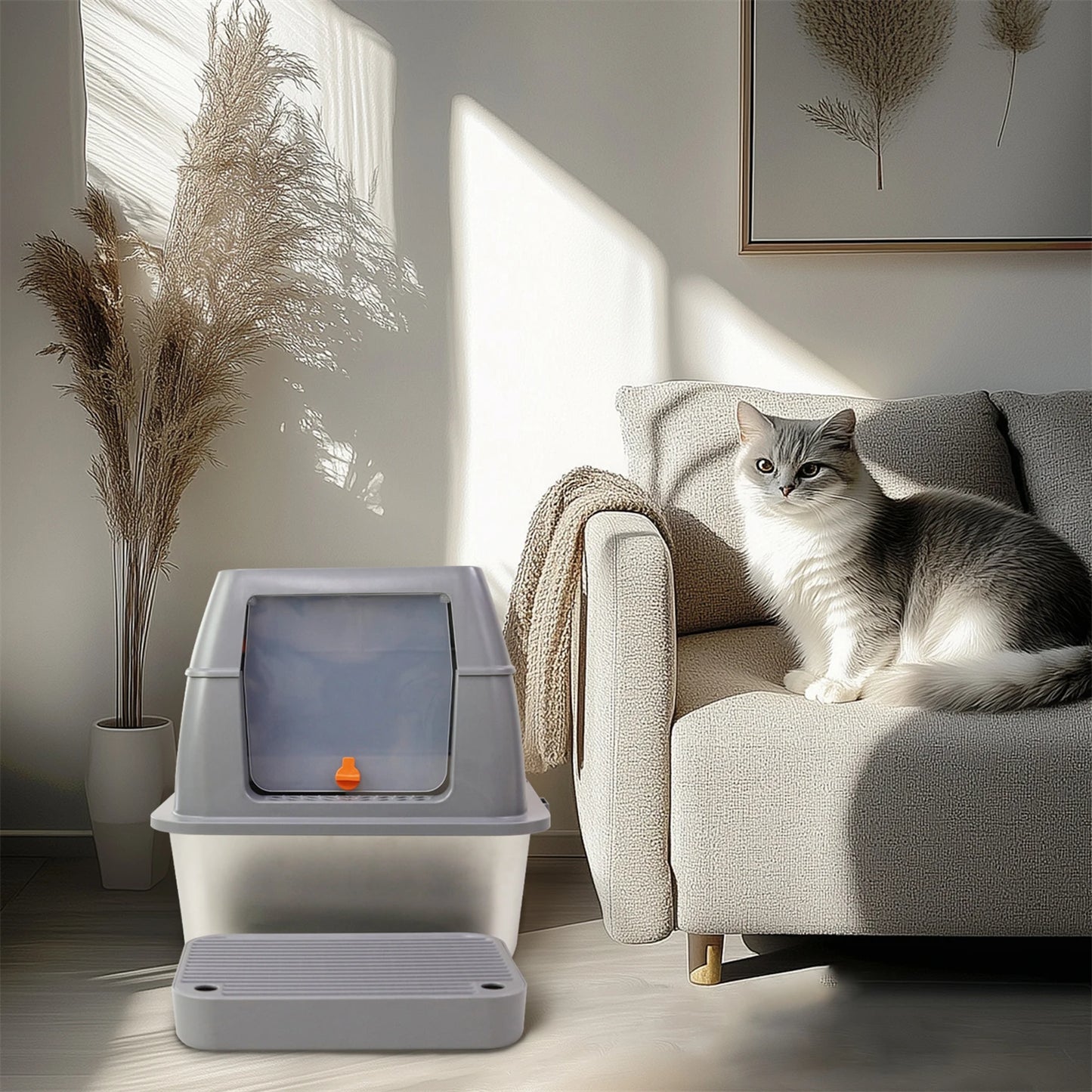 Enclosed Stainless Steel Cat Litter Box with Lid – Extra Large High-Walled Metal Tray for Big Cats & Kittens