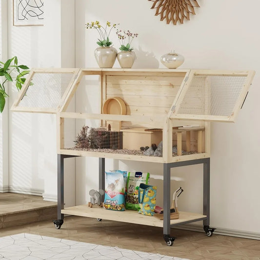 Small Wooden Transparent Animal Cage with Storage Shelf