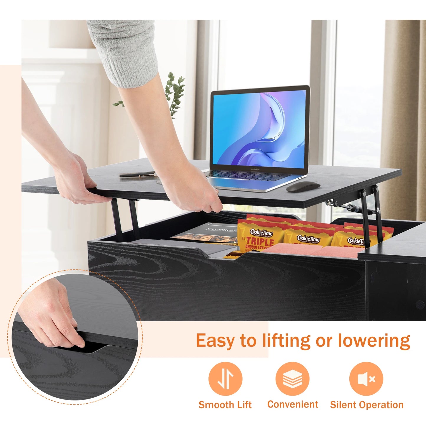 JHK Lift Top Coffee Table – 39.37"x19.7" Adjustable Wood Coffee Table with Hidden Storage & Open Shelf – Easy Lift or Lower for Living Room, Work, or Dining