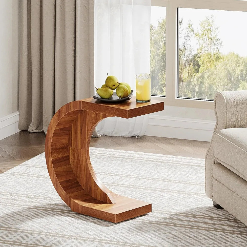 C-Shaped End Table Set of 2 – Rustic Walnut Side Tables for Couch, Small Space Living Room & Bedroom, Easy Assembly