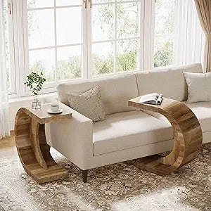 C-Shaped End Table Set of 2 – Rustic Walnut Side Tables for Couch, Small Space Living Room & Bedroom, Easy Assembly
