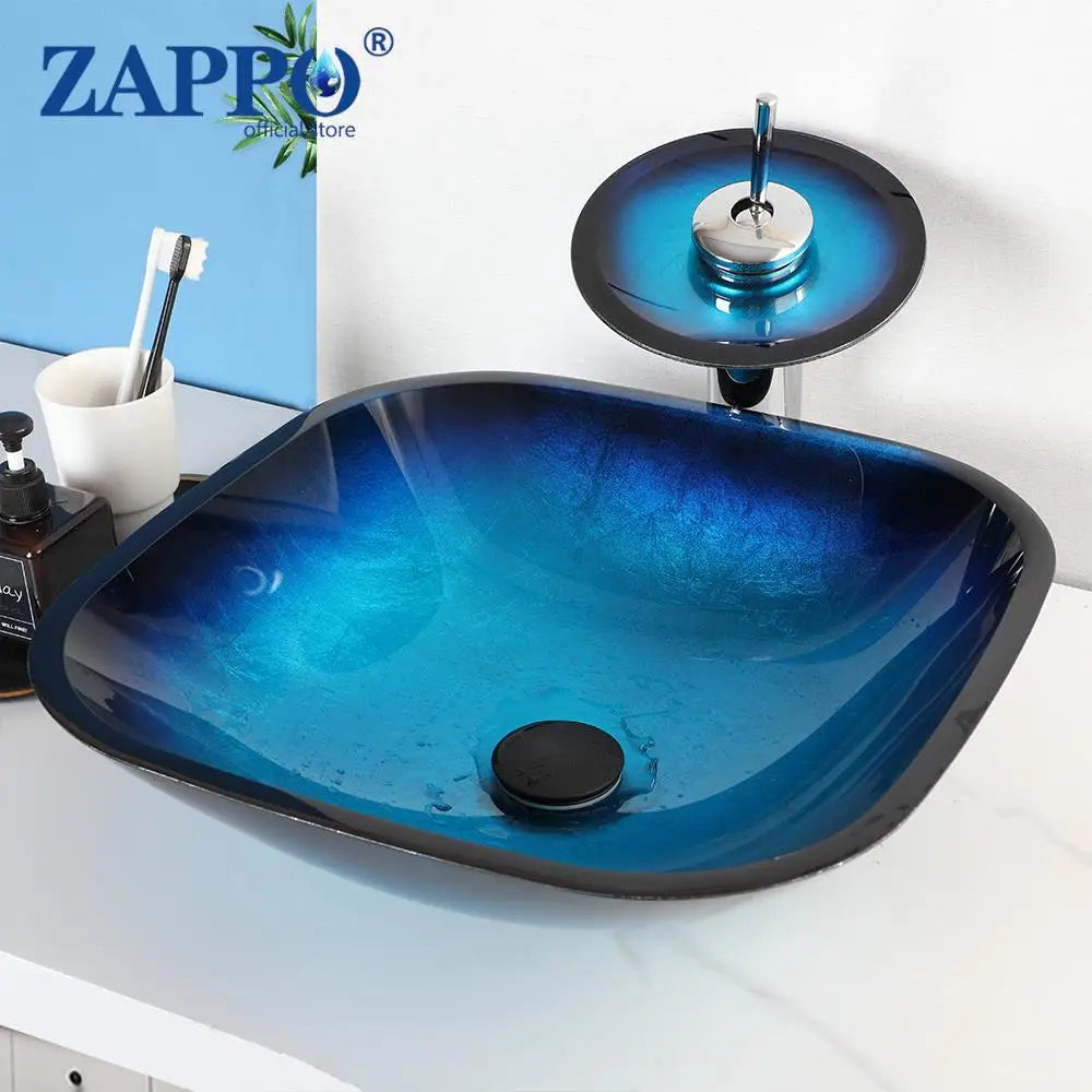 ZAPPO Blue Tempered Glass Bathroom Vessel Sink with Waterfall Black Faucet – Oval Above-Counter Basin Set
