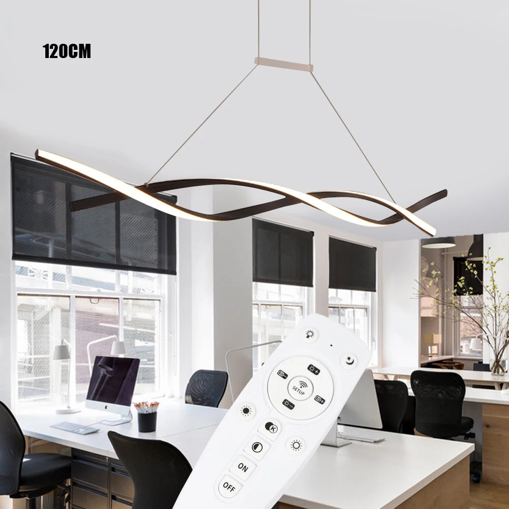 Modern Black LED Pendant Light – Remote Control Dimmable Ceiling Fixture for Dining Room, 46W, Adjustable Height