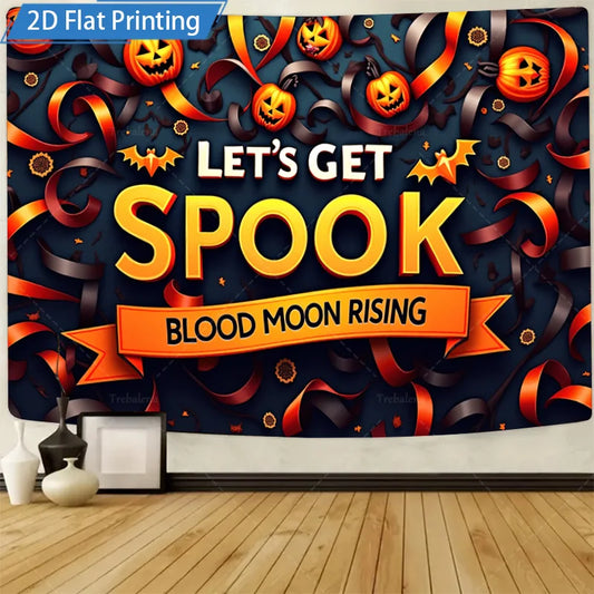 Halloween Wall Tapestry – Spooky Blood Moon Rising with Pumpkin & Bat Design, Gothic Holiday Décor for Home, Bedroom, or Party