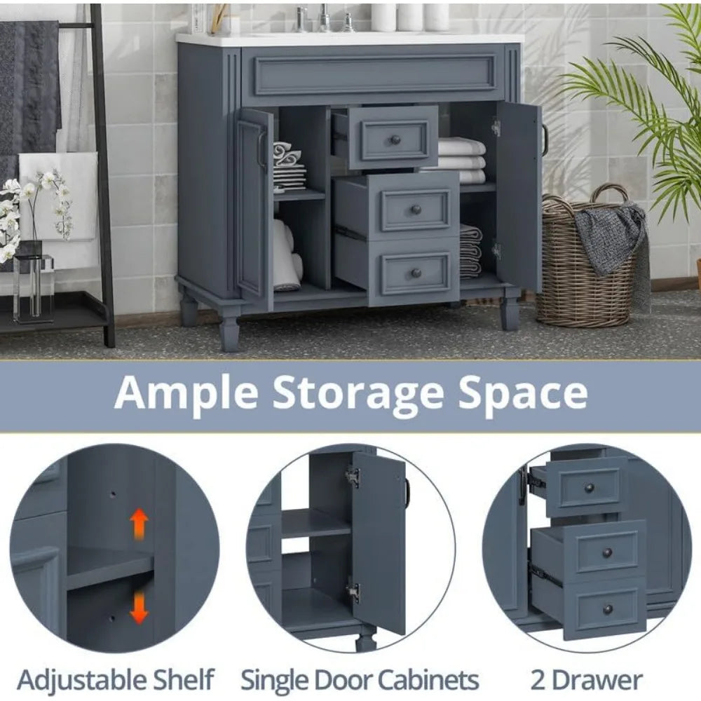 36" Bathroom Vanity Set with Integrated Resin Sink & Mirror Cabinet – Freestanding Single Basin Vanity with Storage Shelves and Drawers
