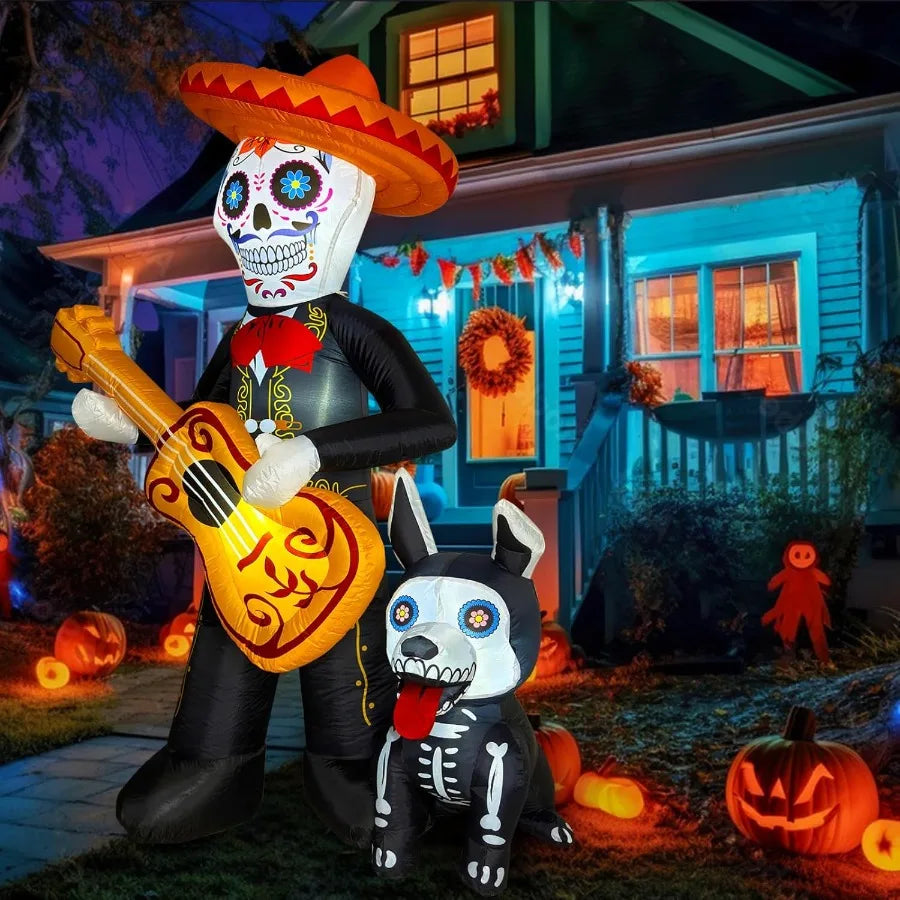 6 FT Halloween Inflatable Day of the Dead Decoration – Blow-Up Sugar Skull Guitar & Skeleton Dog for Yard or Garden