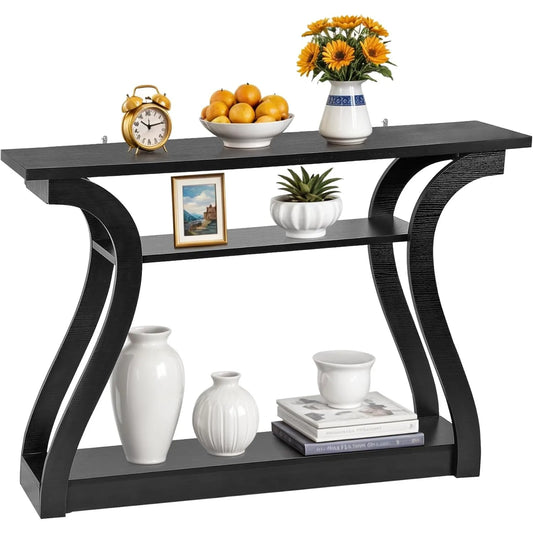 3 Tier Wood Console Table with Curved Legs and Shelf