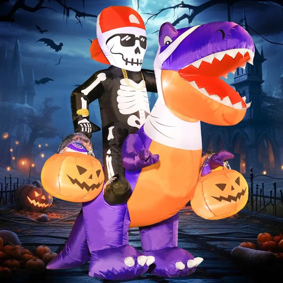 6FT Inflatable Halloween Skeleton Knight Riding Dinosaur – LED Lighted Blow-Up Decoration for Outdoor Holiday Display