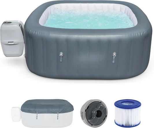 SaluSpa AirJet 4–6 Person Inflatable Hot Tub – Square Portable Outdoor Spa with 114 Soothing AirJets & Insulated Cover, Gray