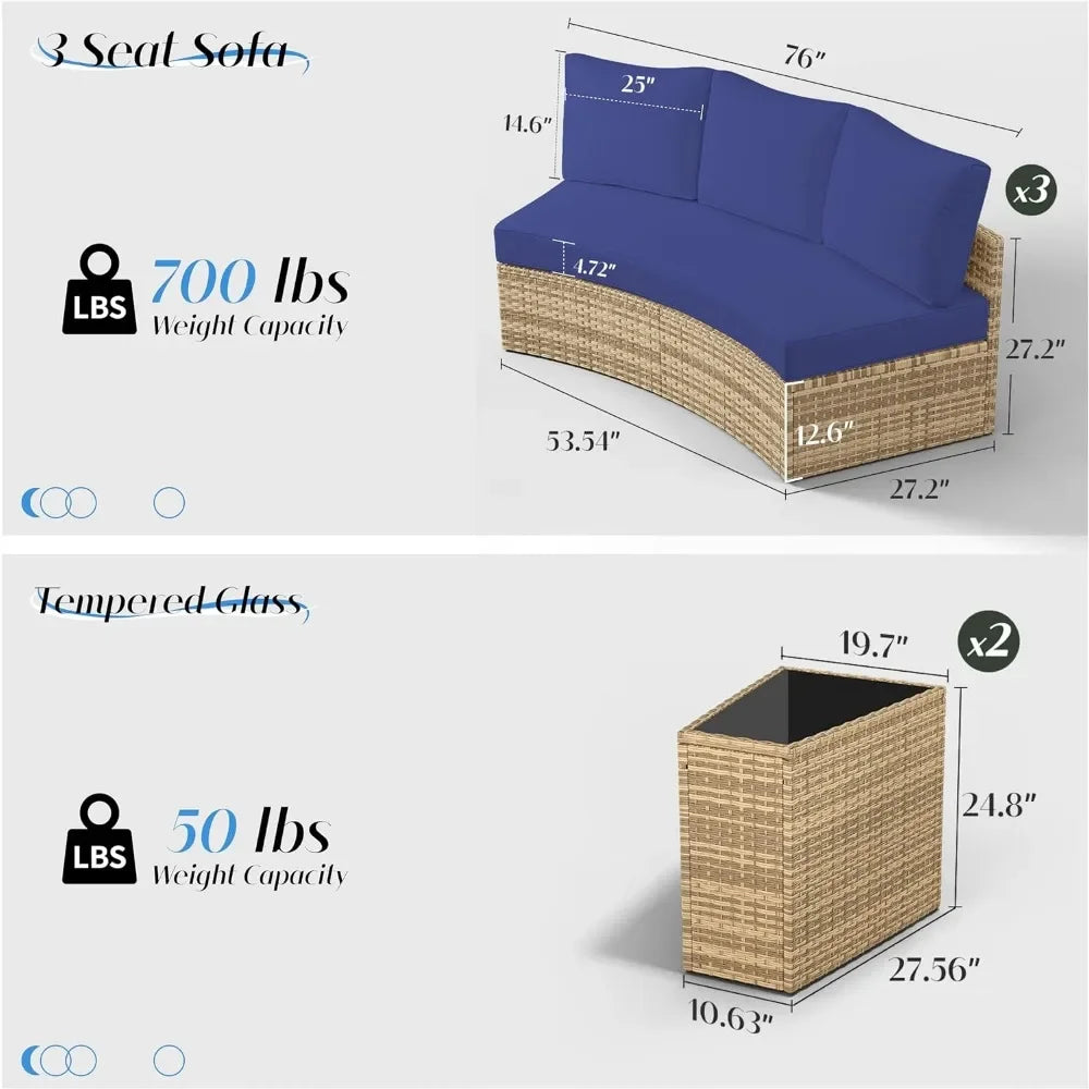 3-Piece Half-Moon Sectional Round Sofa Set with Cushions & Storage Wedge Table – Outdoor Patio Furniture for Garden, Poolside, Balcony & Backyard
