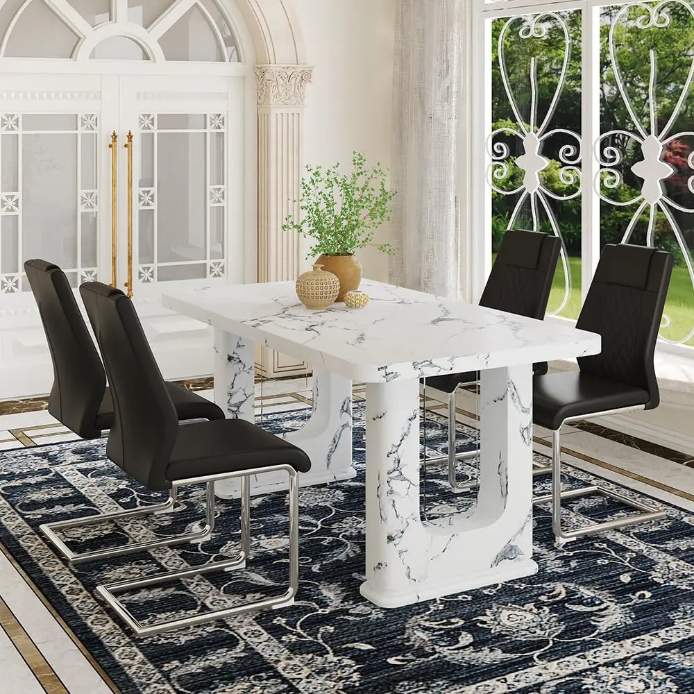 64.5" Modern Farmhouse Dining Table Set for 6 – Wood Dining Table with Decorative Pedestal Legs & 6 Cushioned Chairs